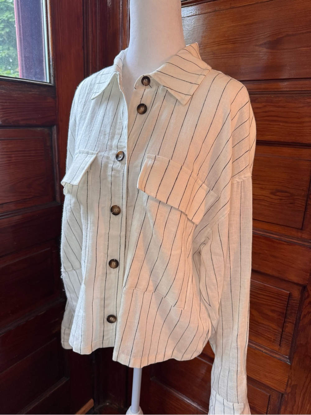 Sanctuary Linen Blend White Black Pinstripe Button-Down Shirt Small
